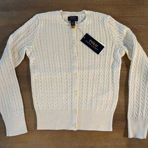NWT Polo Ralph Lauren Girls Cotton Warm White Cardigan, Size 8-10Y